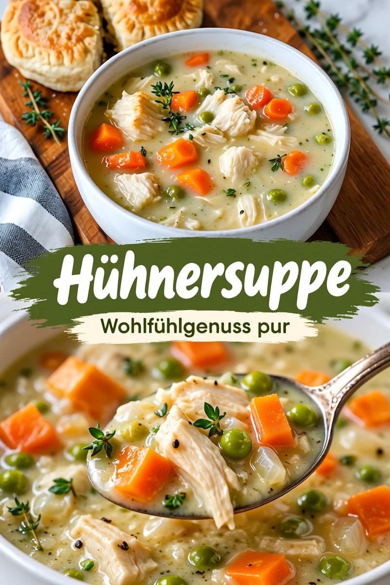 Hühnchen Pot Pie Suppe: Das perfekte Wohlfühlgericht für kalte Abende - Entdecken Sie das Rezept für Hühnchen Pot Pie Suppe – das ideale Gericht, um sich an kalten Abenden zu wärmen. Mit zartem Hühnchen und frischem Gemüse bringt diese Suppe Komfort auf den Tisch. Bereiten Sie sich darauf vor, in Aromen zu schwelgen! Perfekt zu servieren mit Brot oder leckeren Biscuits. Probieren Sie das Rezept jetzt aus und genießen Sie ein herzhaftes Essen mit der Familie! #HühnchenSuppe #Wohlfühlgericht #Rezept
