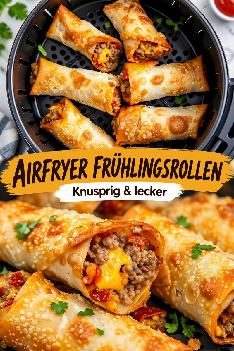 Leckere Cheeseburger Eierrollen im Airfryer zubereiten - Entdecke die köstlichen Cheeseburger Eierrollen im Airfryer, die die perfekte Mischung aus Geschmack und Komfort bieten! Schnell und einfach zubereitet, bringen sie die besten Aromen deines Lieblingsburgers in einer knusprigen Hülle. Probiere sie noch heute aus und beeindrucke deine Gäste mit diesem kreativen Snack. Hol dir das Rezept! #CheeseburgerEierrollen #Airfryer #EinfacheRezepte
